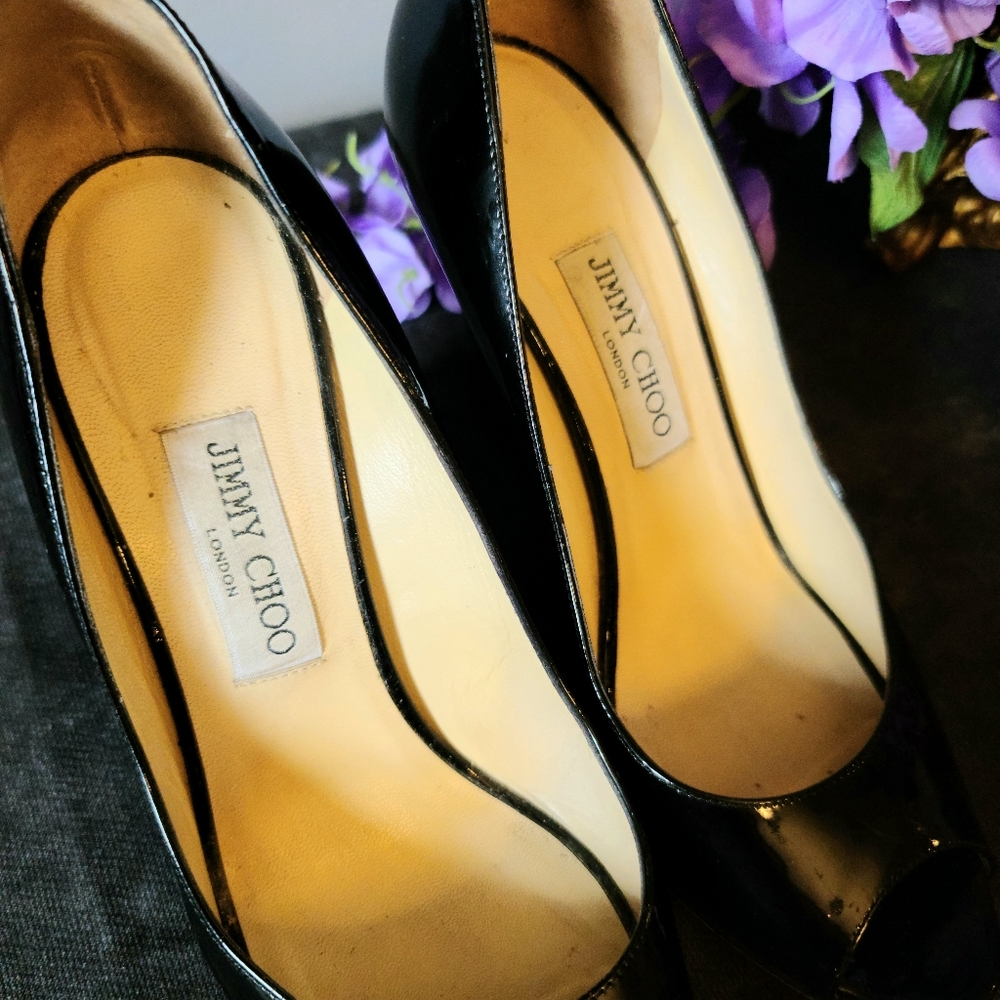 Jimmy Choo Black Patent Leather Wedge Heel Shoes Size 8.5 - Picture 5 of 7